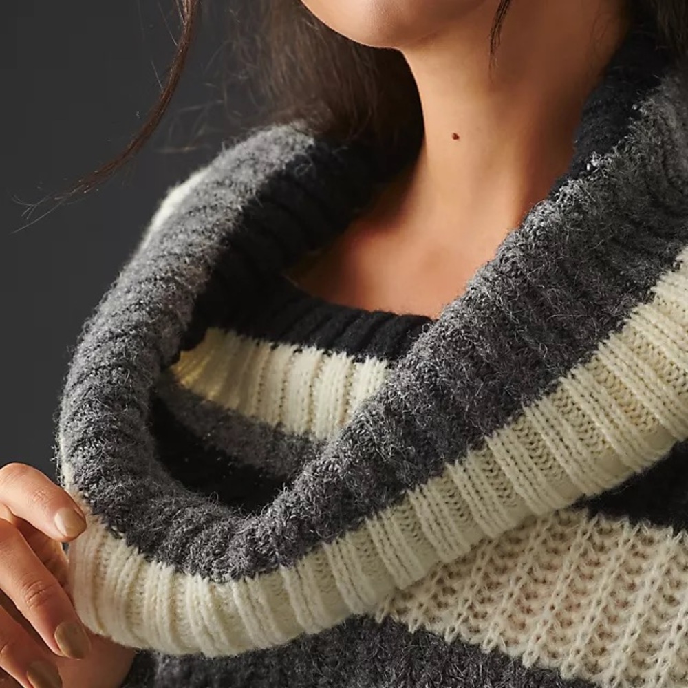 Anthropologie Black and Cream Striped Cowl Neck Sweater - Picture 2 of 11